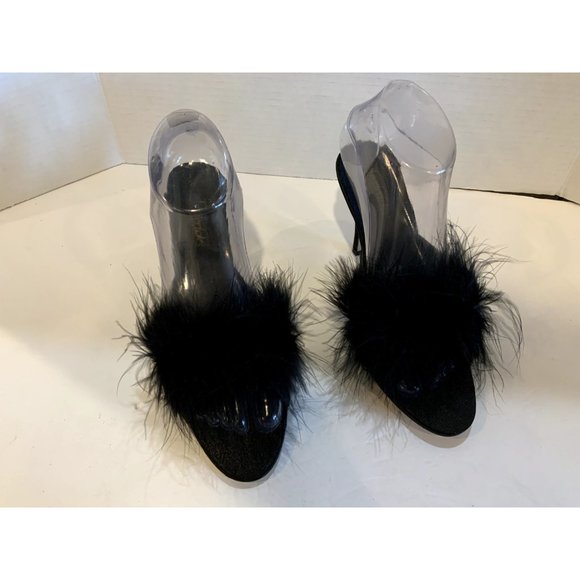 Vtg Black Fredericks of Hollywood  Heel Marabou Slippers 4" Sexy Heels Sz 7 NEW - Picture 1 of 7